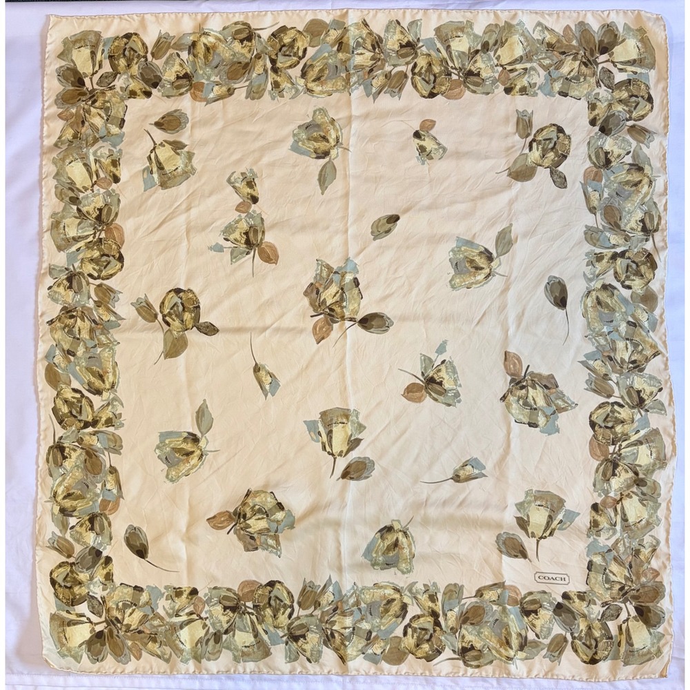 Coach Silk Square Scarf Beige Floral Rose Print Hand Rolled Edge Accessory